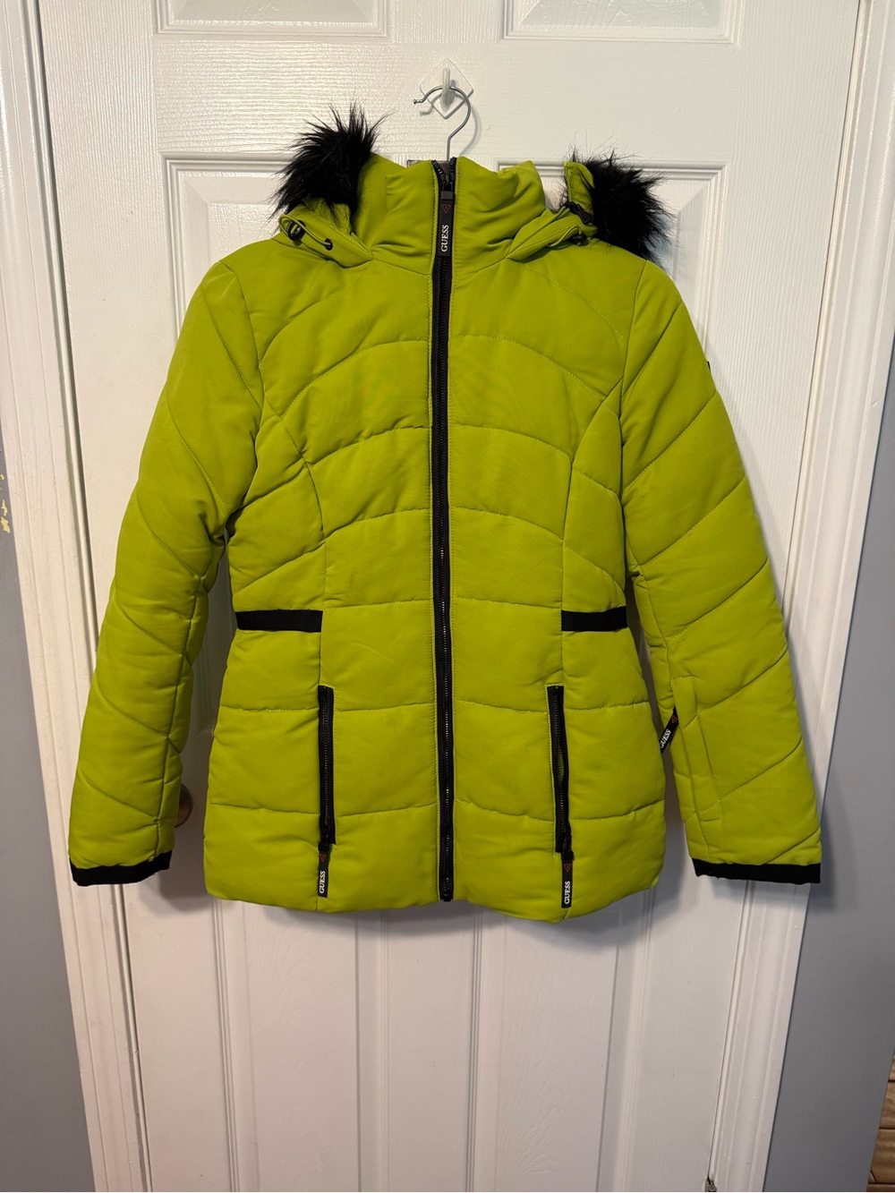 Guess Lime Green Puffer Jacket with Hood and Faux Fur Trim